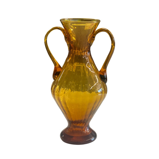 Vintage Amber Glass Vase With Double Handles & Flared Neck