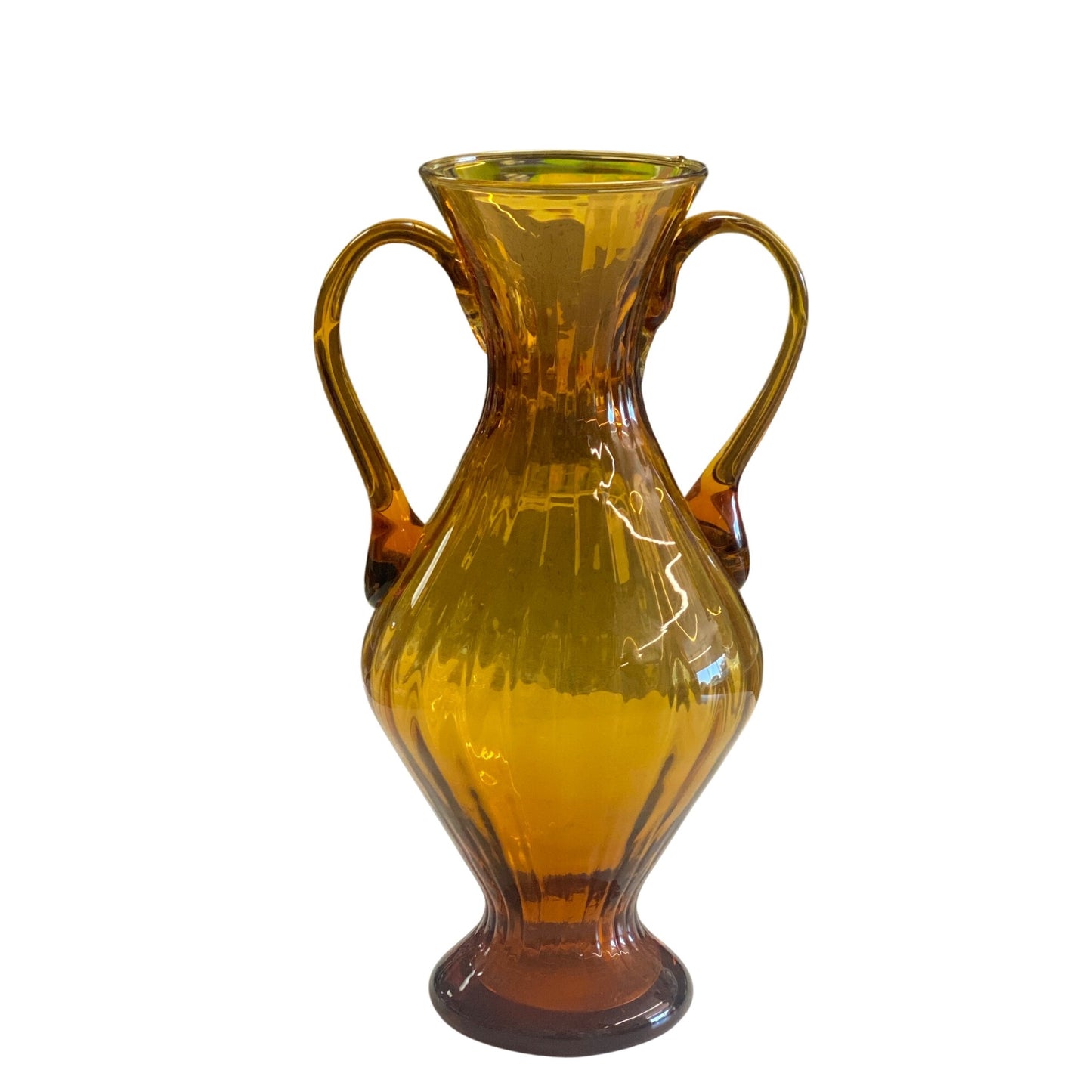 Vintage Amber Glass Vase With Double Handles & Flared Neck