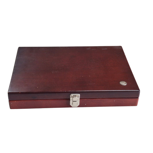 Vintage Dark Wood Storage Box With Metal Clasp And Emblem