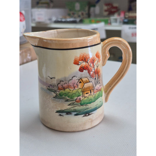Vintage Hand-Painted Ceramic Pitcher With Autumn Scene