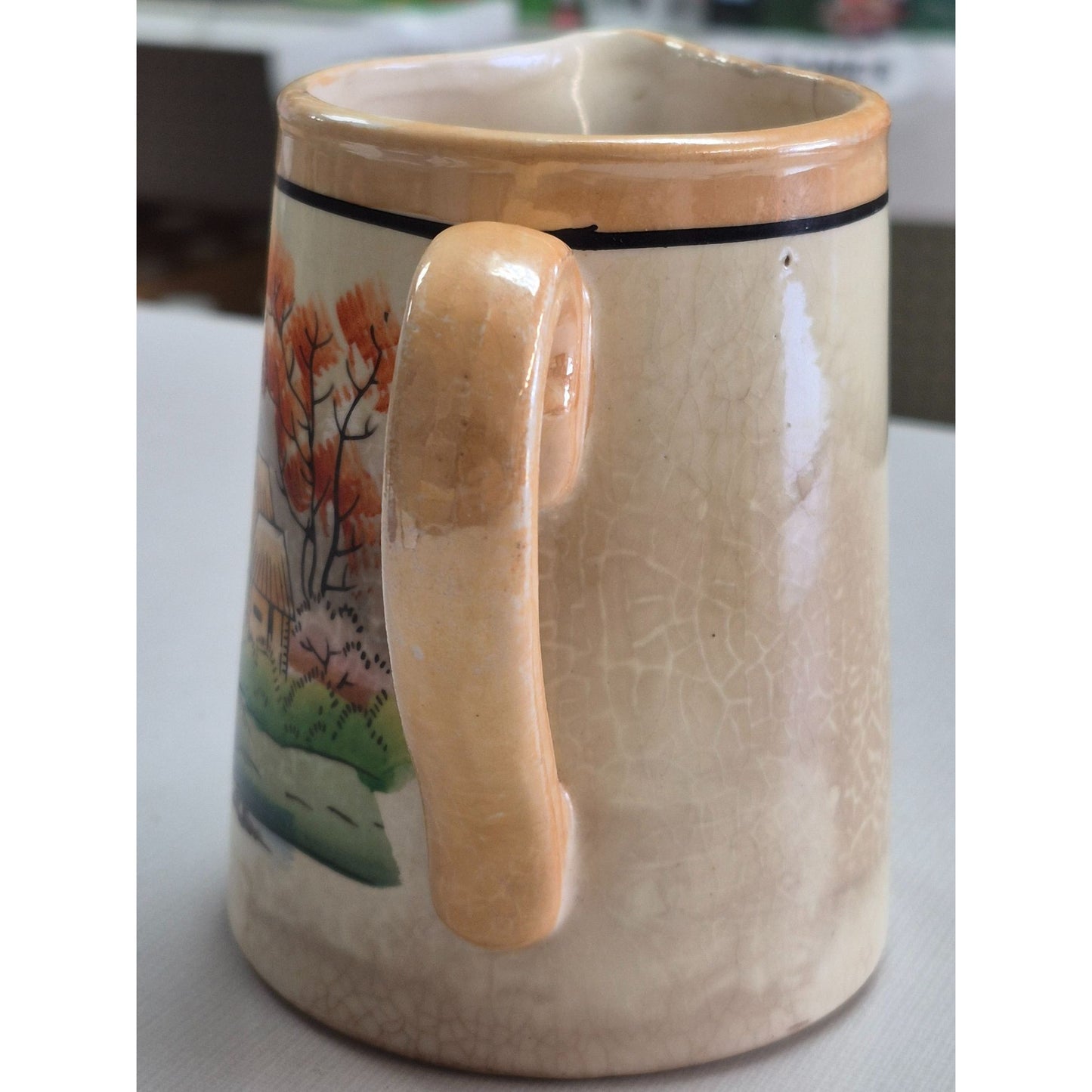 Vintage Hand-Painted Ceramic Pitcher With Autumn Scene