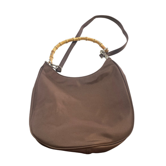 Vintage Avon Brown Nylon Shoulder Bag Or Bamboo Handle & Zippered Interior Pocket