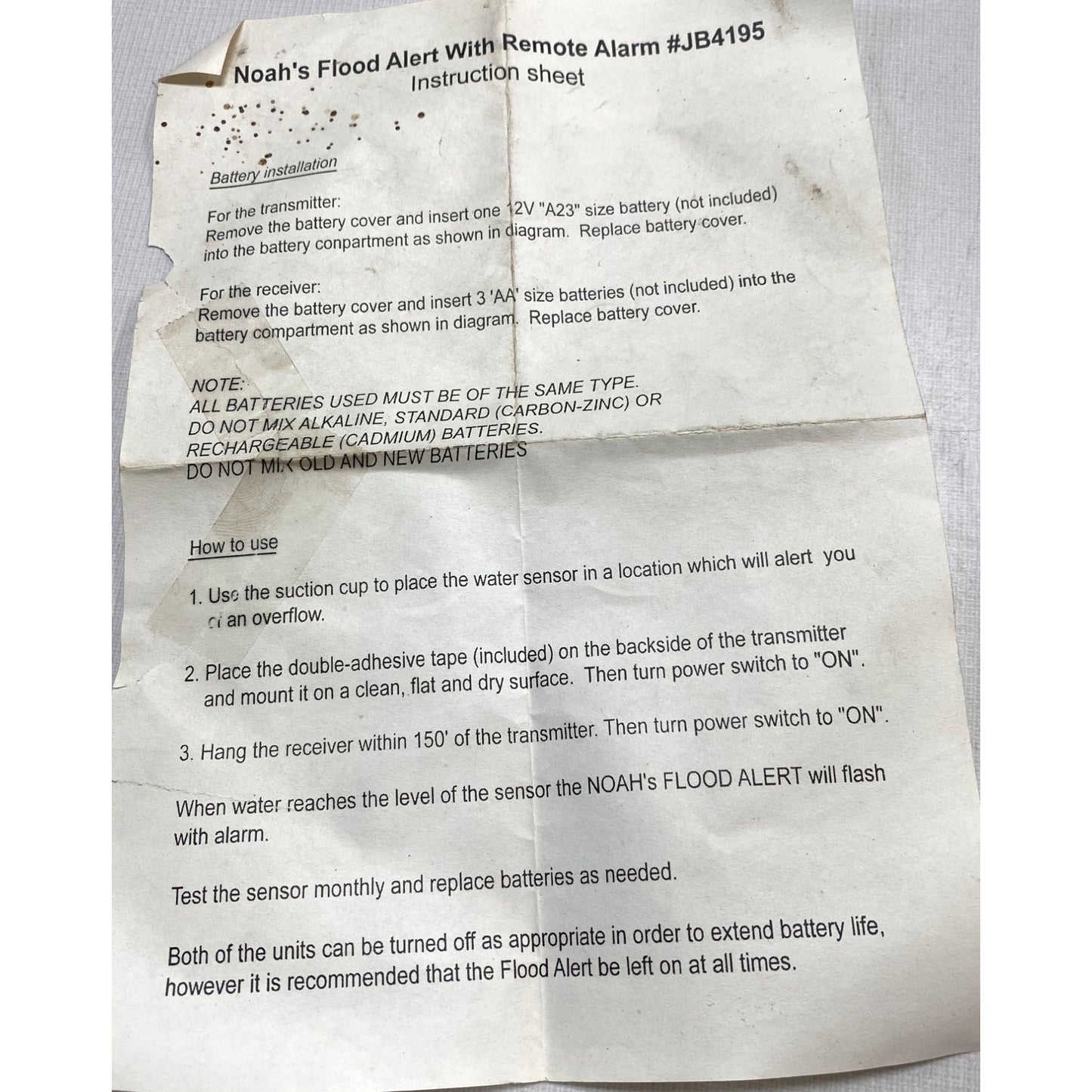 Noahs Flood Alert With Remote Alarm #JB4195