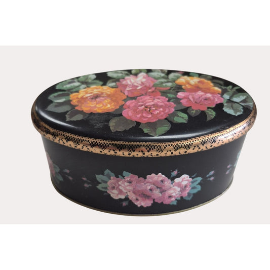 Vintage Meister Black Floral Tin Oval Box With Gold Accents Made In Brazil