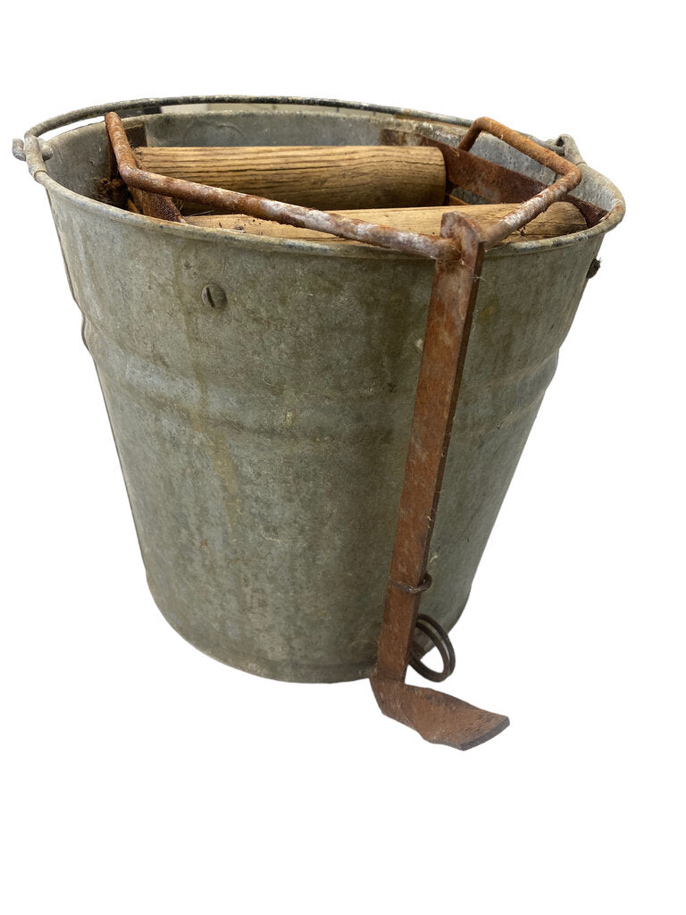 Vintage Galvanized Steel Mop Bucket w/ Foot Pedal Wringer Rollers WORKS