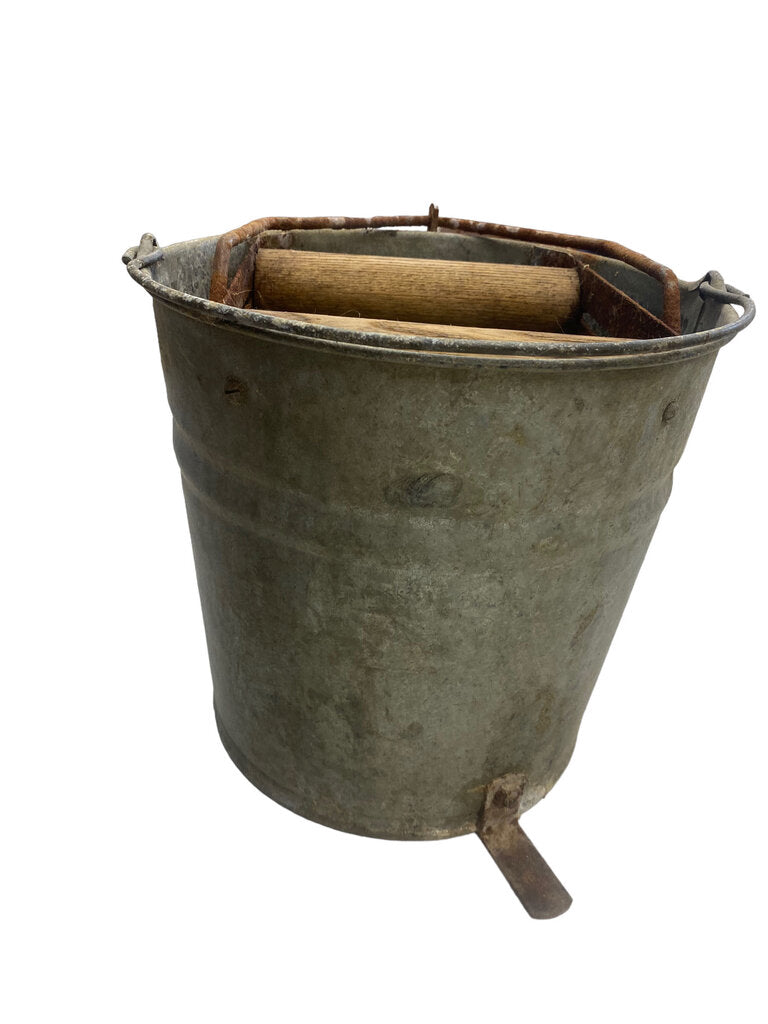 Vintage Galvanized Steel Mop Bucket w/ Foot Pedal Wringer Rollers WORKS