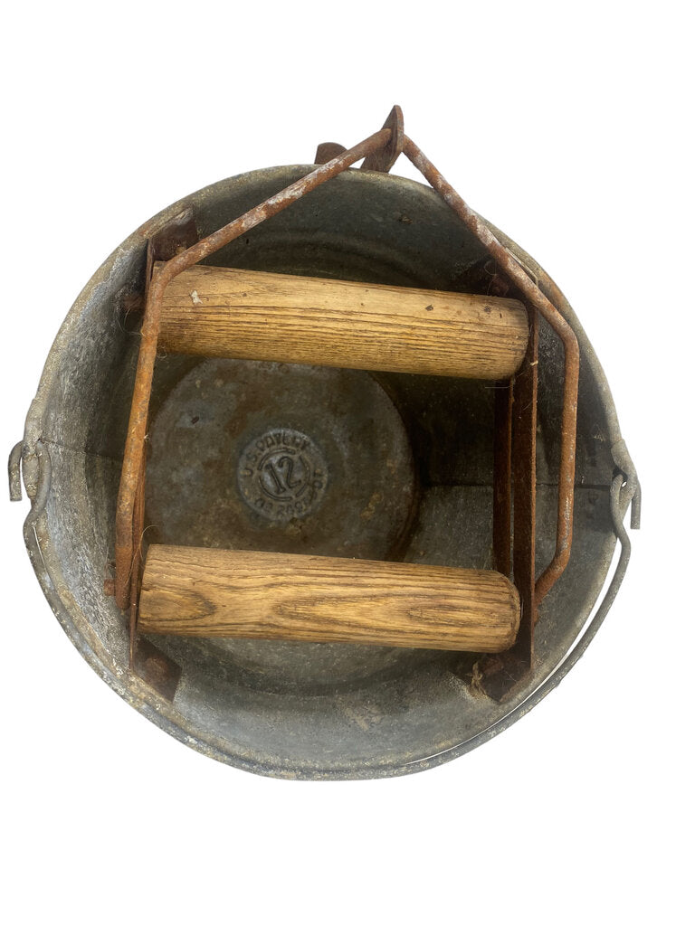 Vintage Galvanized Steel Mop Bucket w/ Foot Pedal Wringer Rollers WORKS