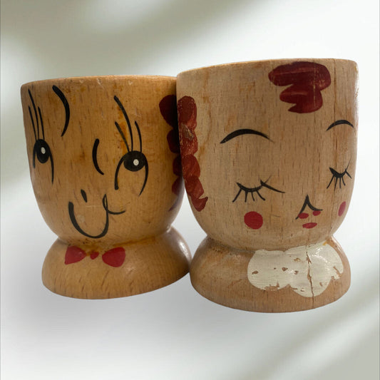 Vintage Set of 2 Hand painted Wood Egg Cups