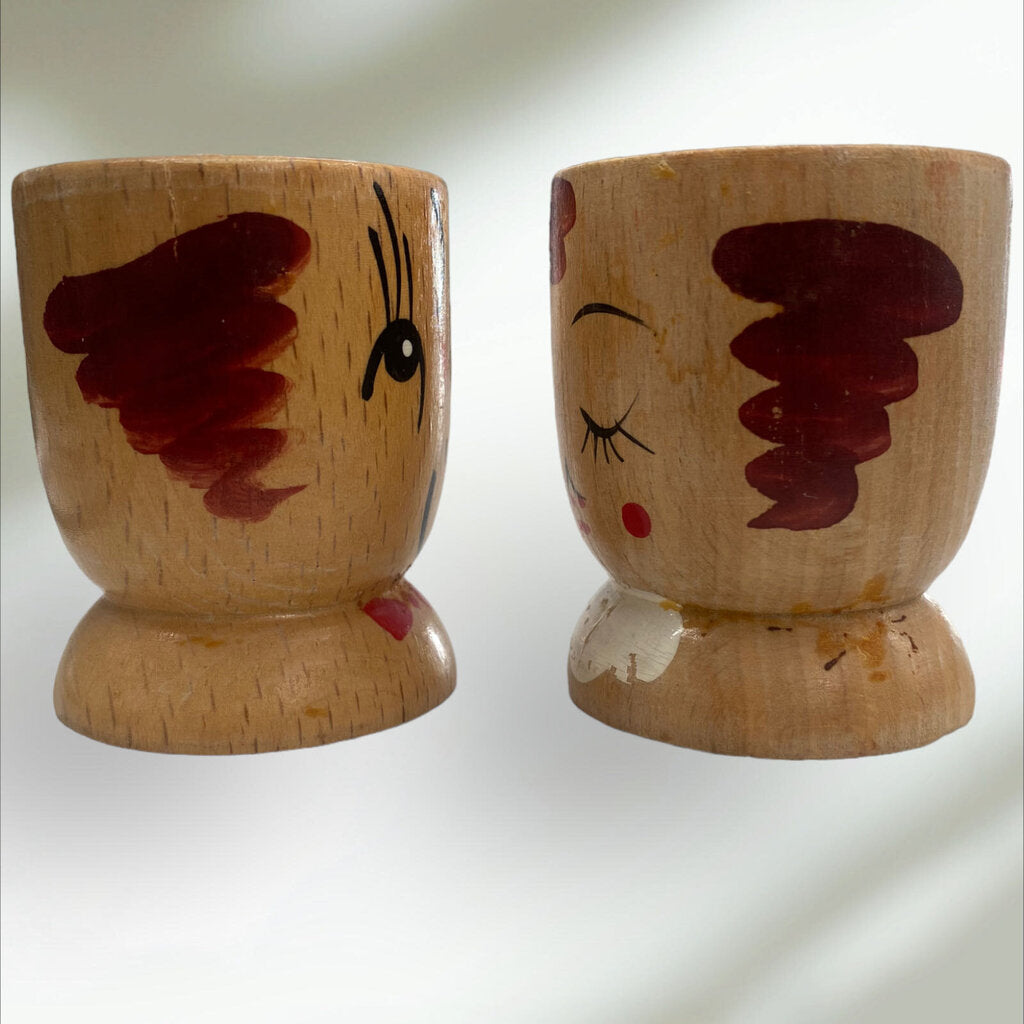 Vintage Set of 2 Hand painted Wood Egg Cups