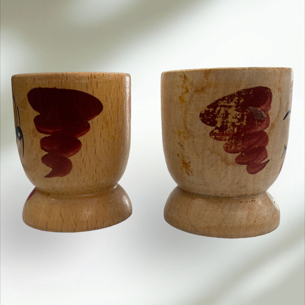 Vintage Set of 2 Hand painted Wood Egg Cups