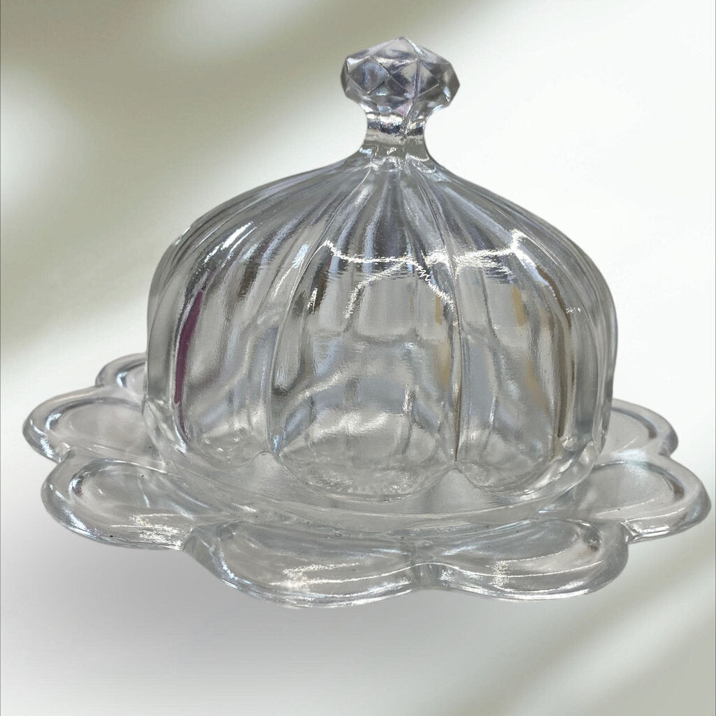 Vintage Clear Pressed Glass Covered Butter, Cheese, Candy Dish