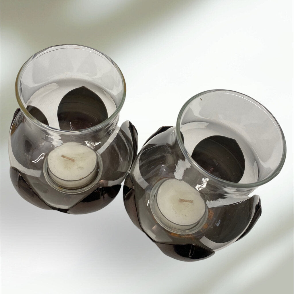 Tea Light Holder with Metal Flower Base Set of 2