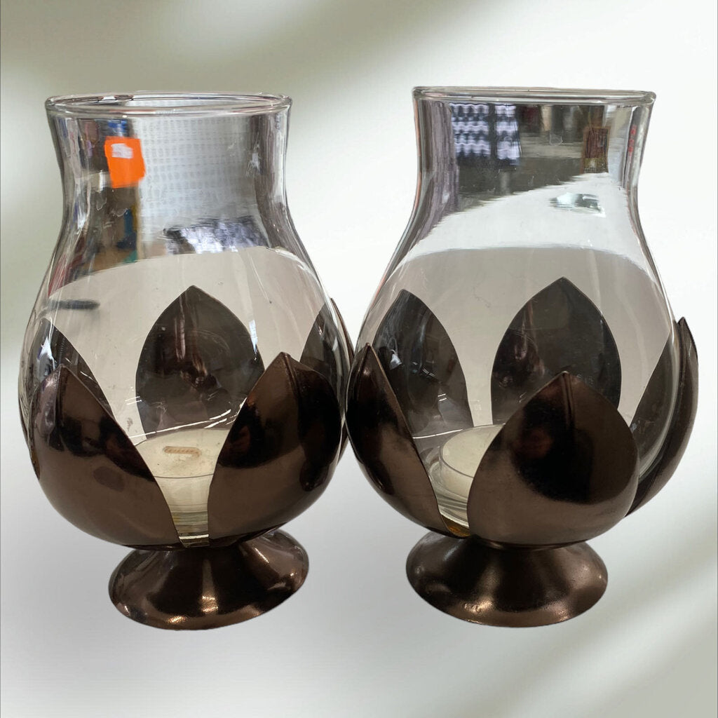 Tea Light Holder with Metal Flower Base Set of 2