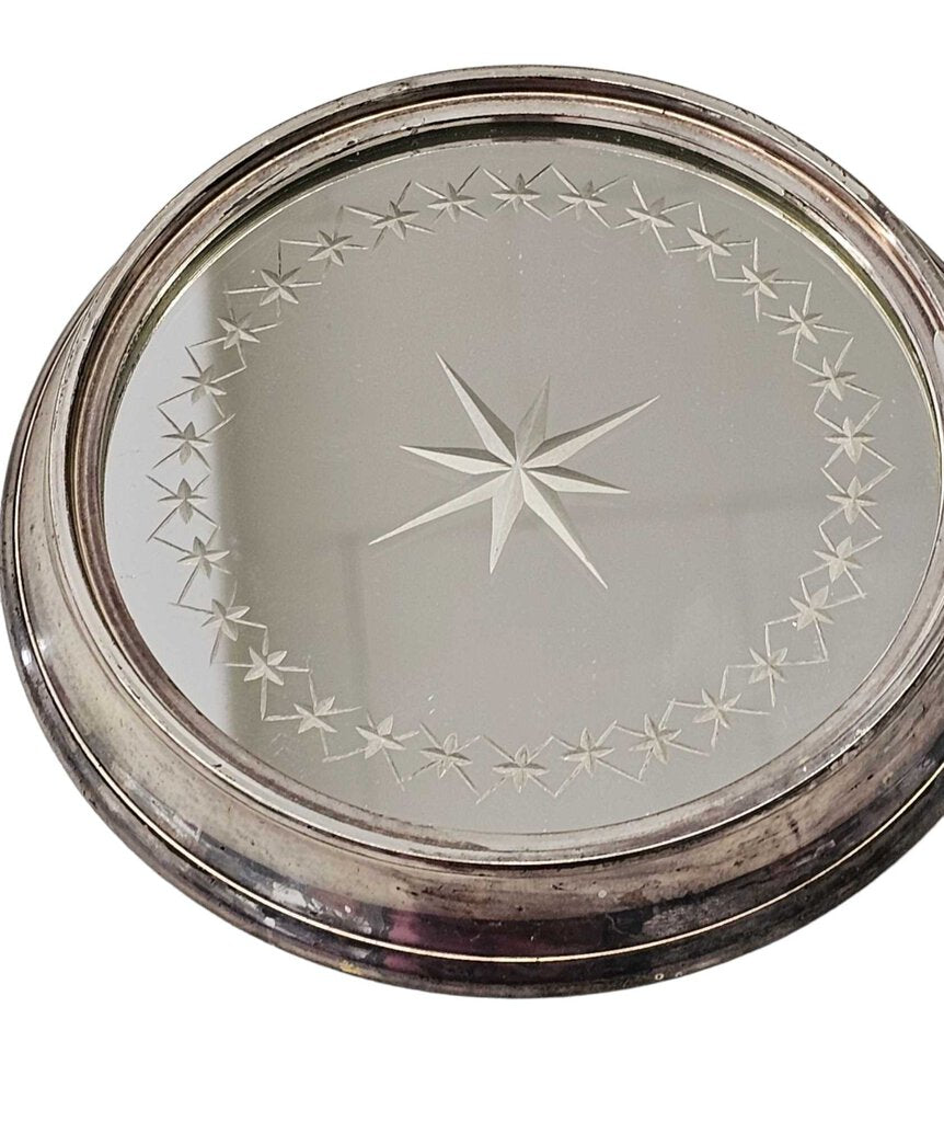 Vintage Silver Rimmed Etched Mirror Plate Coaster