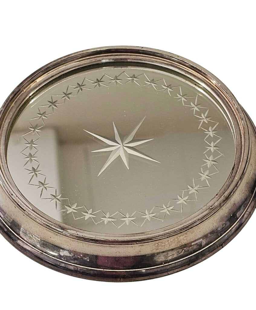 Vintage Silver Rimmed Etched Mirror Plate Coaster