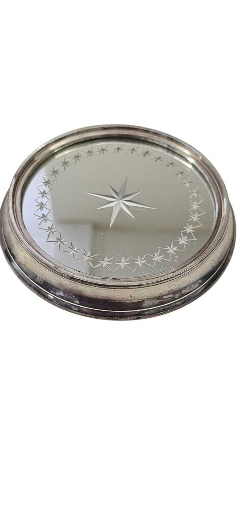 Vintage Silver Rimmed Etched Mirror Plate Coaster