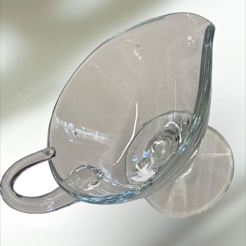 Vintage Clear Glass Footed Gravy Sauce Bowl with Handle 5" Tall 7" Wide