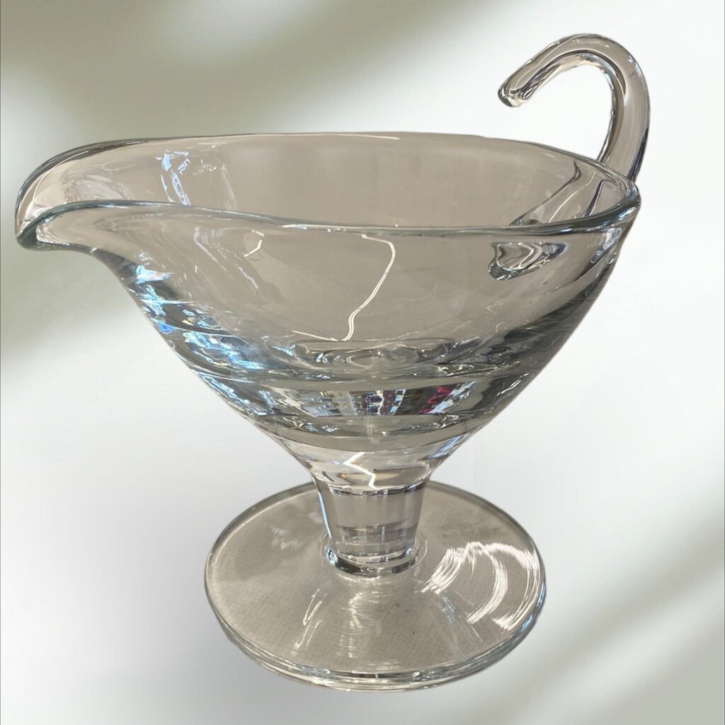 Vintage Clear Glass Footed Gravy Sauce Bowl with Handle 5" Tall 7" Wide