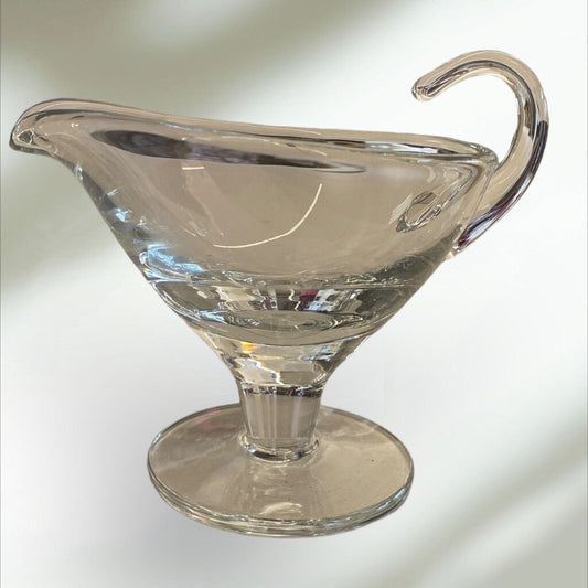 Vintage Clear Glass Footed Gravy Sauce Bowl with Handle 5" Tall 7" Wide