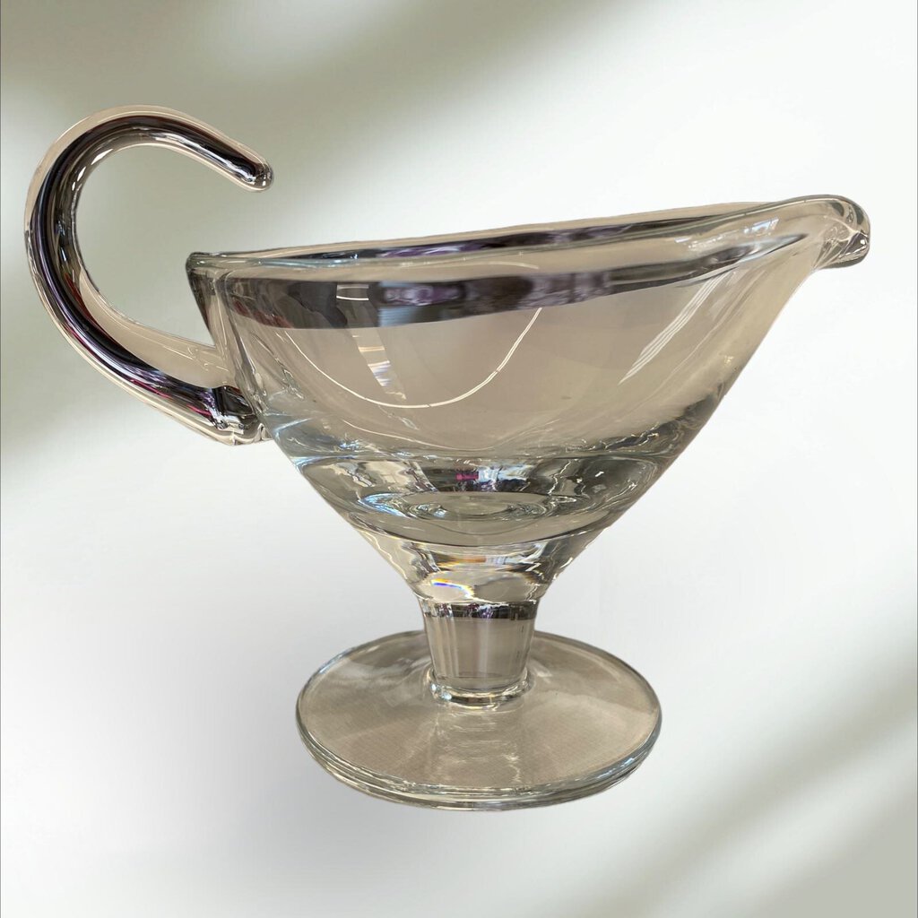 Vintage Clear Glass Footed Gravy Sauce Bowl with Handle 5" Tall 7" Wide