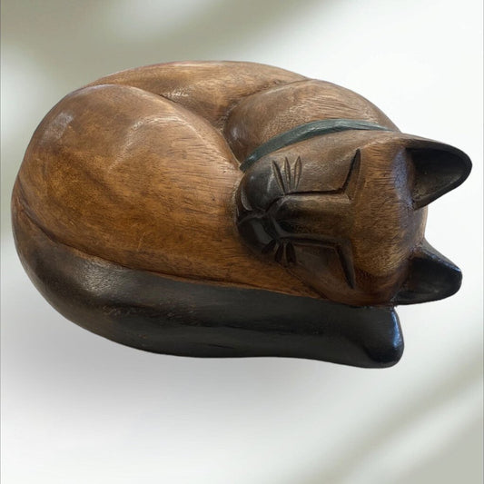 Hand Carved Solid Wood Sleeping Cat 5" Tall 9" Diameter