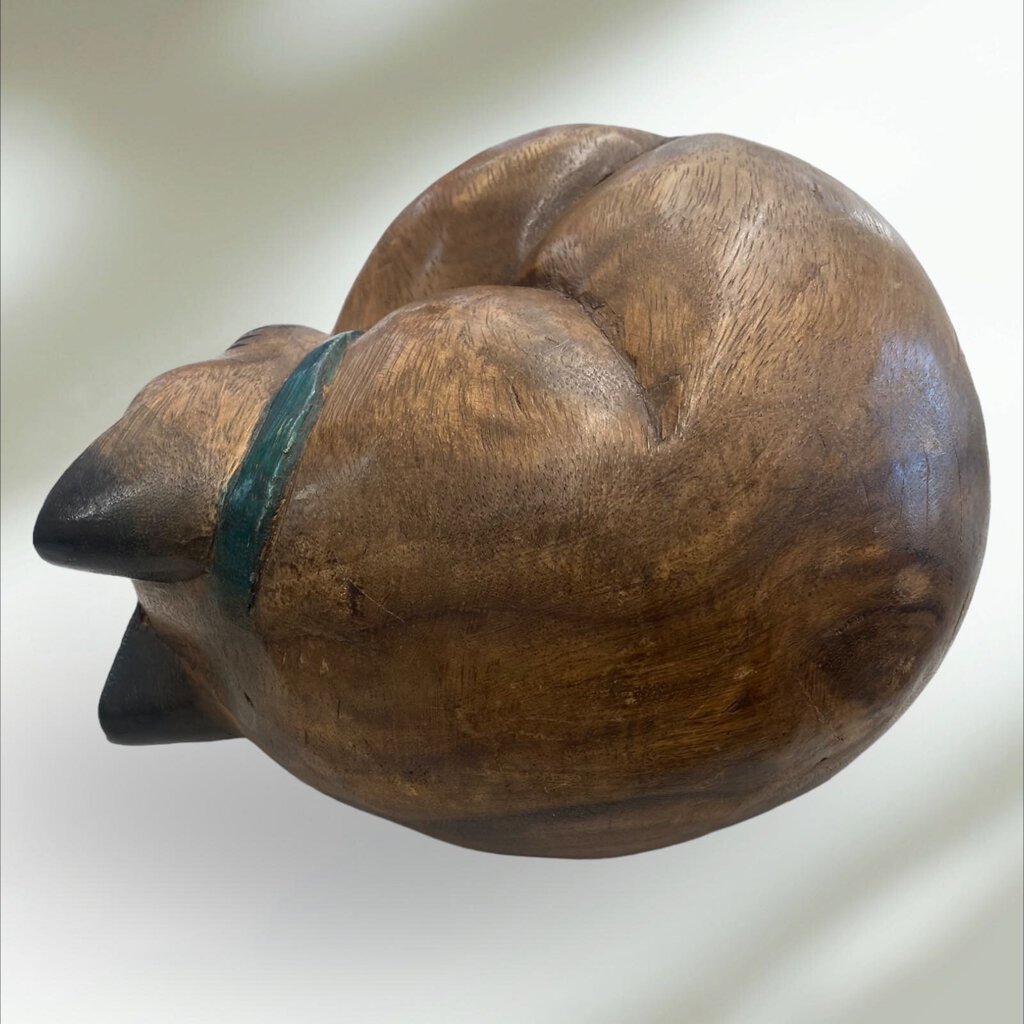 Hand Carved Solid Wood Sleeping Cat 5" Tall 9" Diameter