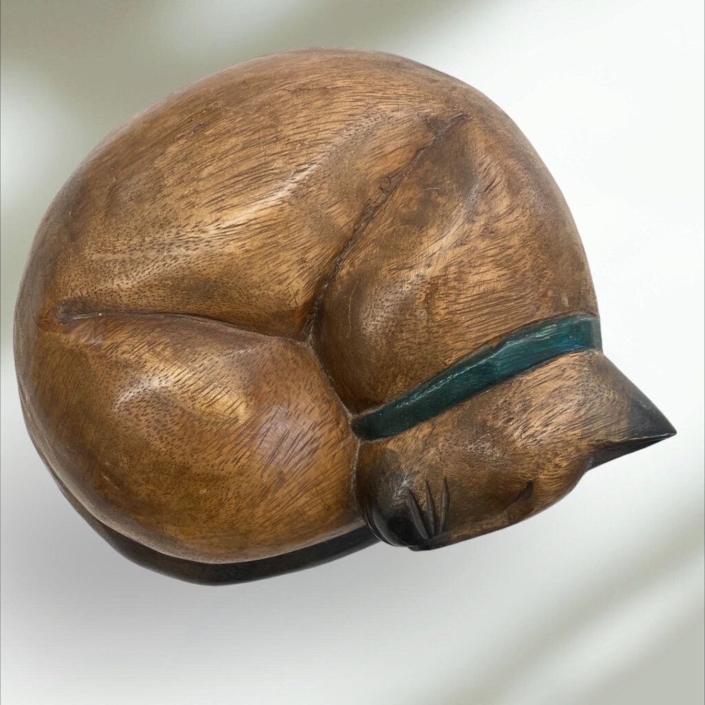 Hand Carved Solid Wood Sleeping Cat 5" Tall 9" Diameter