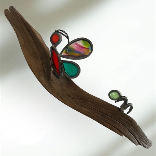 Stained Glass Butterfly and Bug on Driftwood 11" Wide 2.5" Tall