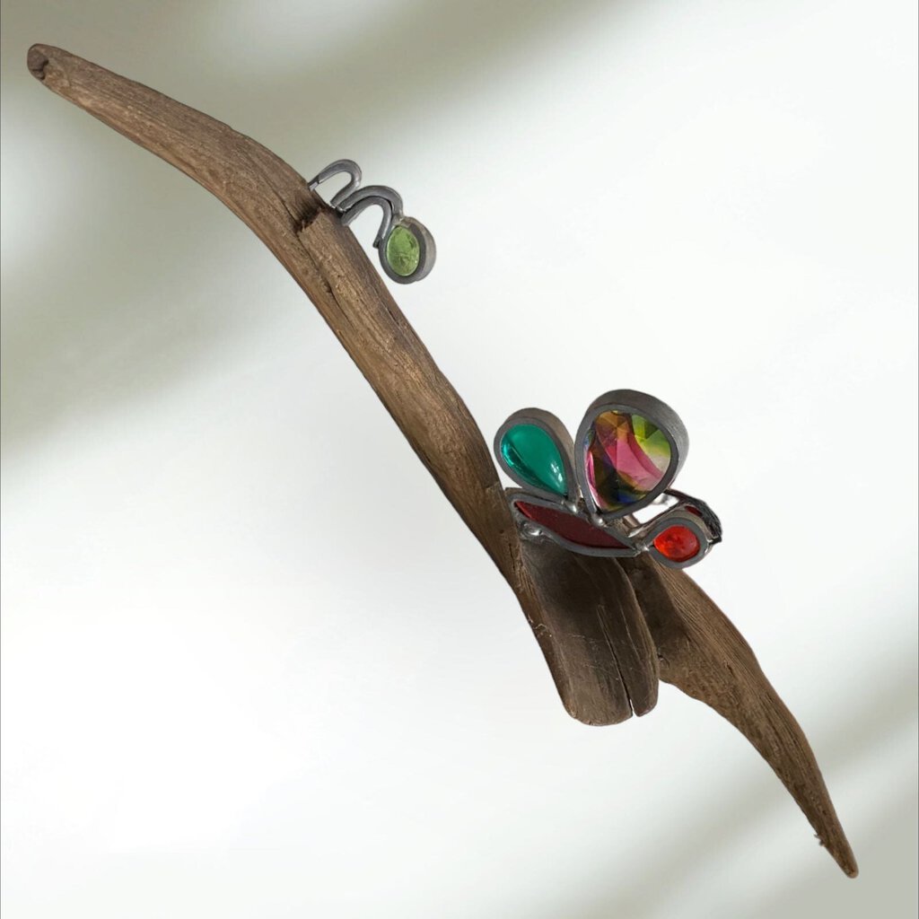 Stained Glass Butterfly and Bug on Driftwood 11" Wide 2.5" Tall