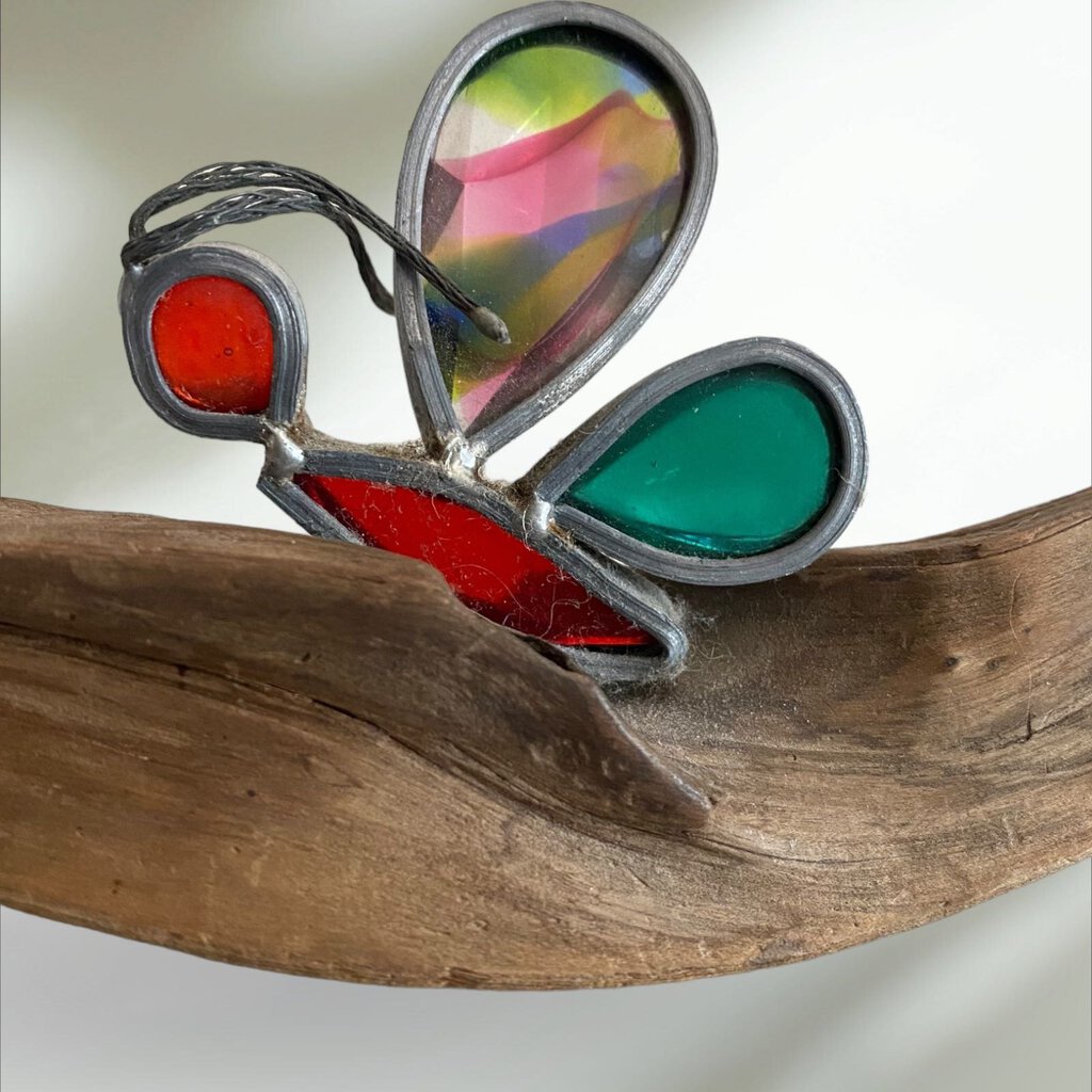 Stained Glass Butterfly and Bug on Driftwood 11" Wide 2.5" Tall
