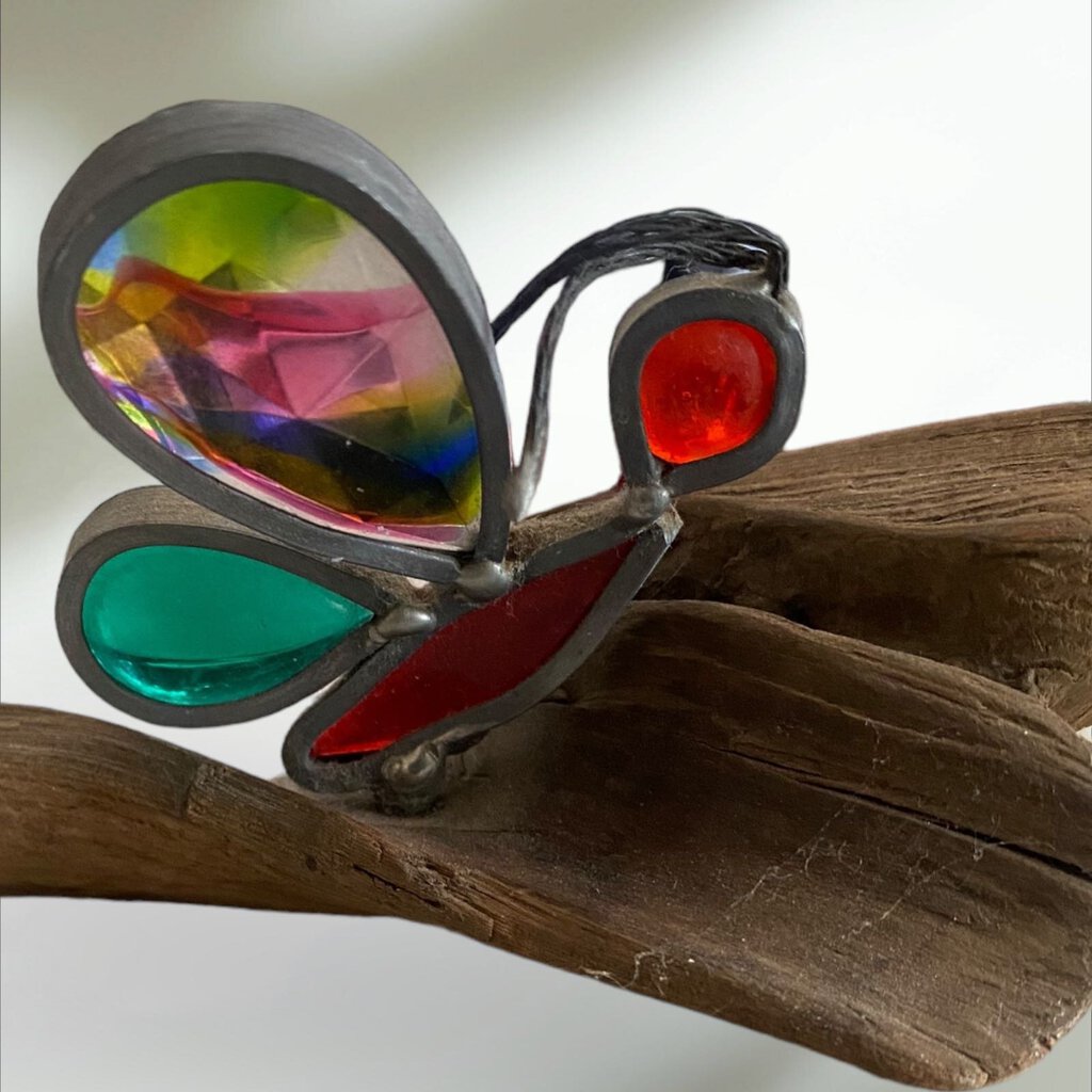 Stained Glass Butterfly and Bug on Driftwood 11" Wide 2.5" Tall