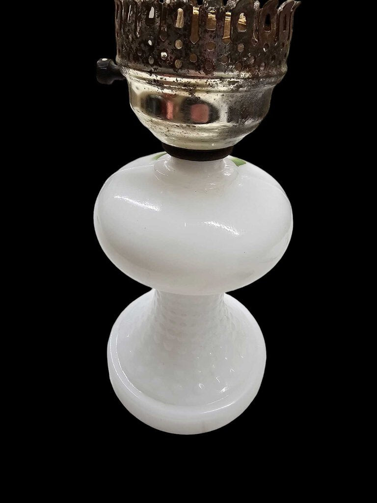 Vintage Milk Glass Table Lamp With Floral Design & Electric Wiring