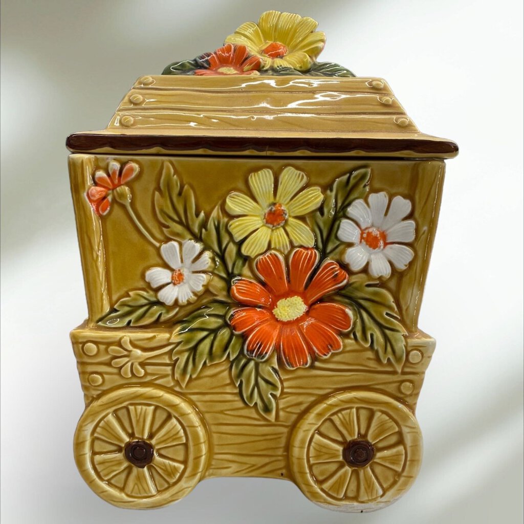 Vintage 1970's Fred Roberts Company Cookie Jar, Flower Wagon w/ Daisies