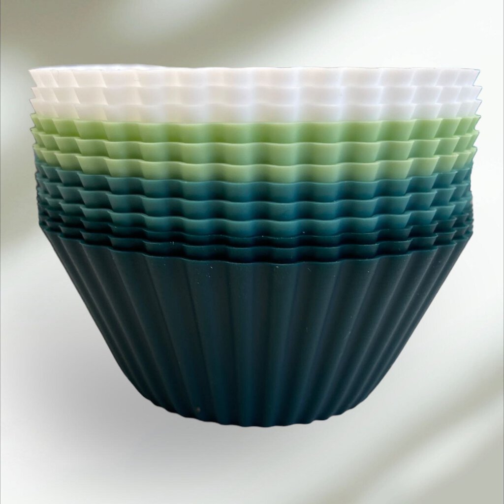 12 Piece Silicone Cup Cake Liner Shades of Green and White