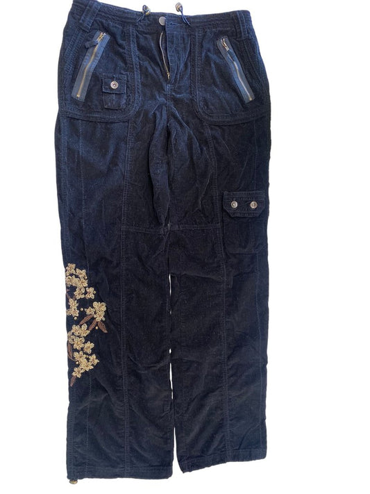 Faded Glory Women's Black Embroidered Pants Size 6 with Brown Floral Print embroidery on right leg. Cinch option at feet and waist to achieve the desired look you desire.