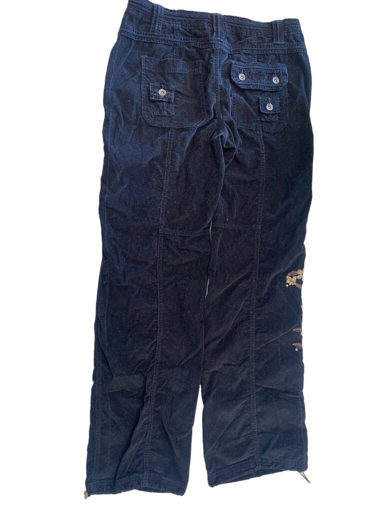 Faded Glory Women's Black Embroidered Pants Size 6 with Brown Floral Print embroidery on right leg. Cinch option at feet and waist to achieve the desired look you desire.