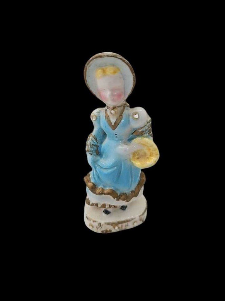 Vintage Ceramic Porcelain KREISS Lady Figure Folk Blue Bonnet FlowerBasket