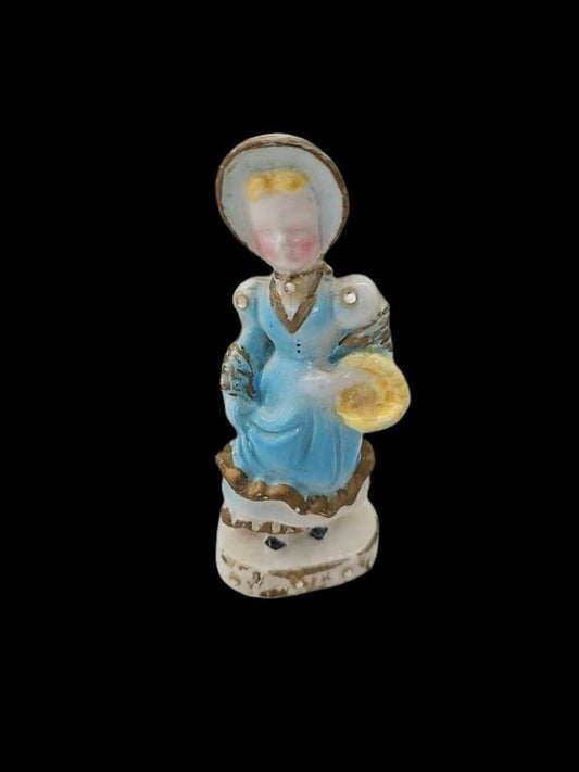 Vintage Ceramic Porcelain KREISS Lady Figure Folk Blue Bonnet FlowerBasket