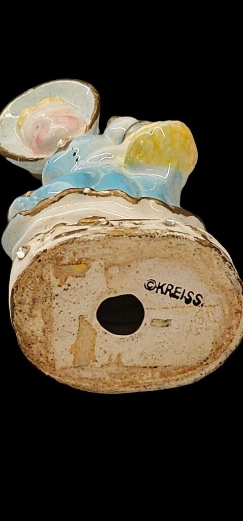 Vintage Ceramic Porcelain KREISS Lady Figure Folk Blue Bonnet FlowerBasket