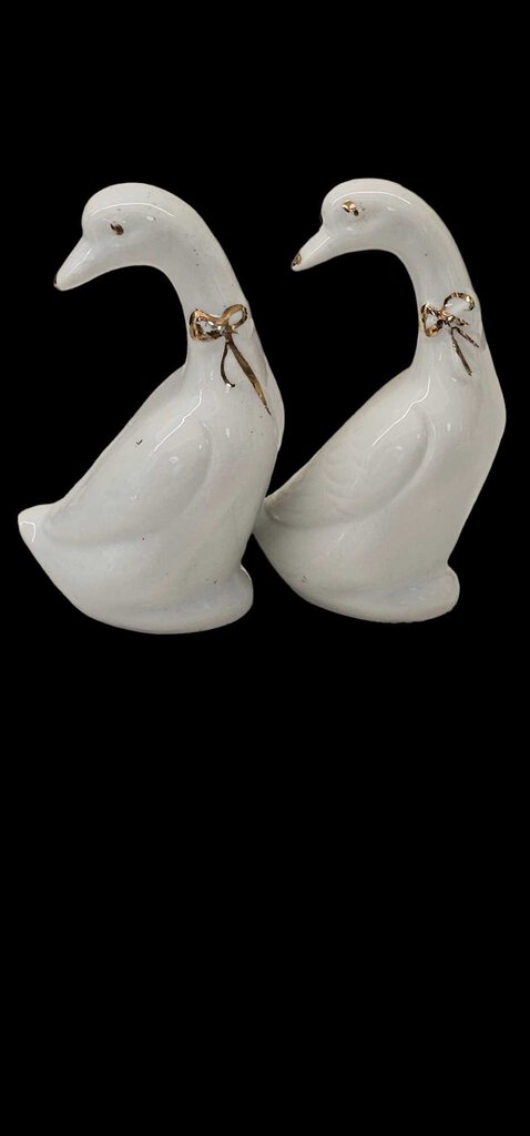 Vintage Pair Of Porcelain Geese Ducks Gold Ribbons Miniatures