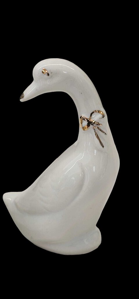 Vintage Pair Of Porcelain Geese Ducks Gold Ribbons Miniatures