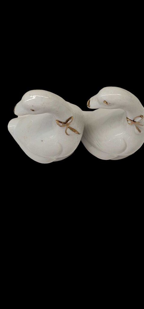Vintage Pair Of Porcelain Geese Ducks Gold Ribbons Miniatures