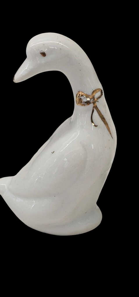Vintage Pair Of Porcelain Geese Ducks Gold Ribbons Miniatures