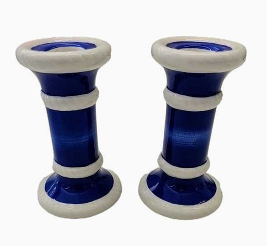 Vintage Lefton Ceramic Blue & White Candle Holders Pair 6.5" Tall