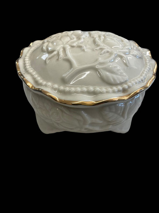 Vintage Ivory China Embossed Roses Gold Trim Covered Jewelry Box