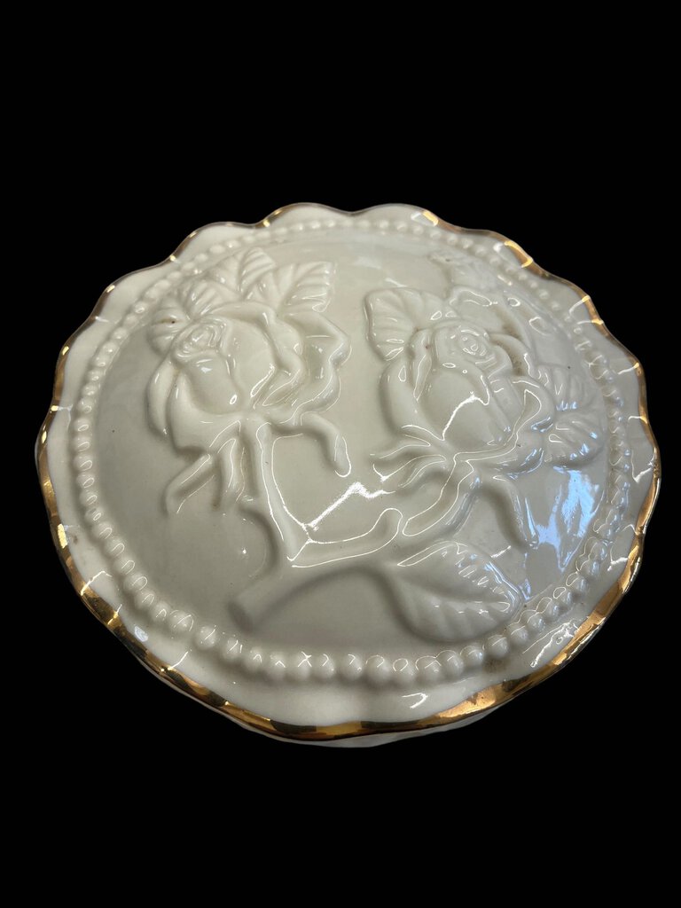 Vintage Ivory China Embossed Roses Gold Trim Covered Jewelry Box