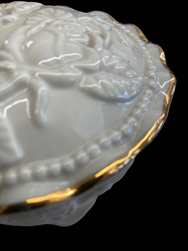 Vintage Ivory China Embossed Roses Gold Trim Covered Jewelry Box