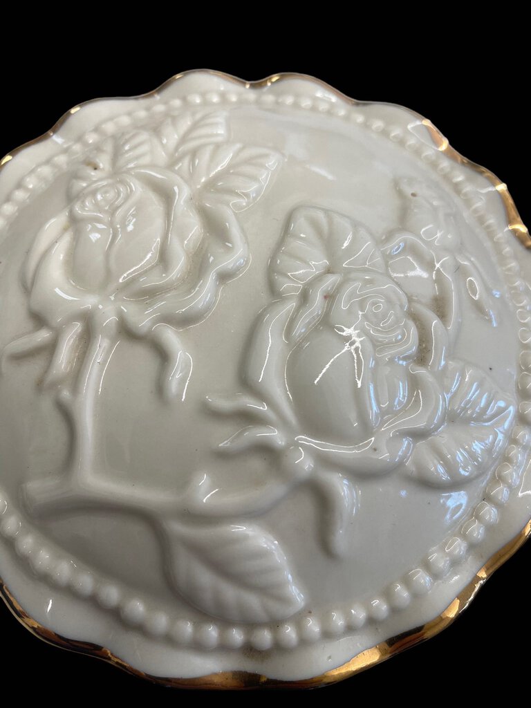 Vintage Ivory China Embossed Roses Gold Trim Covered Jewelry Box