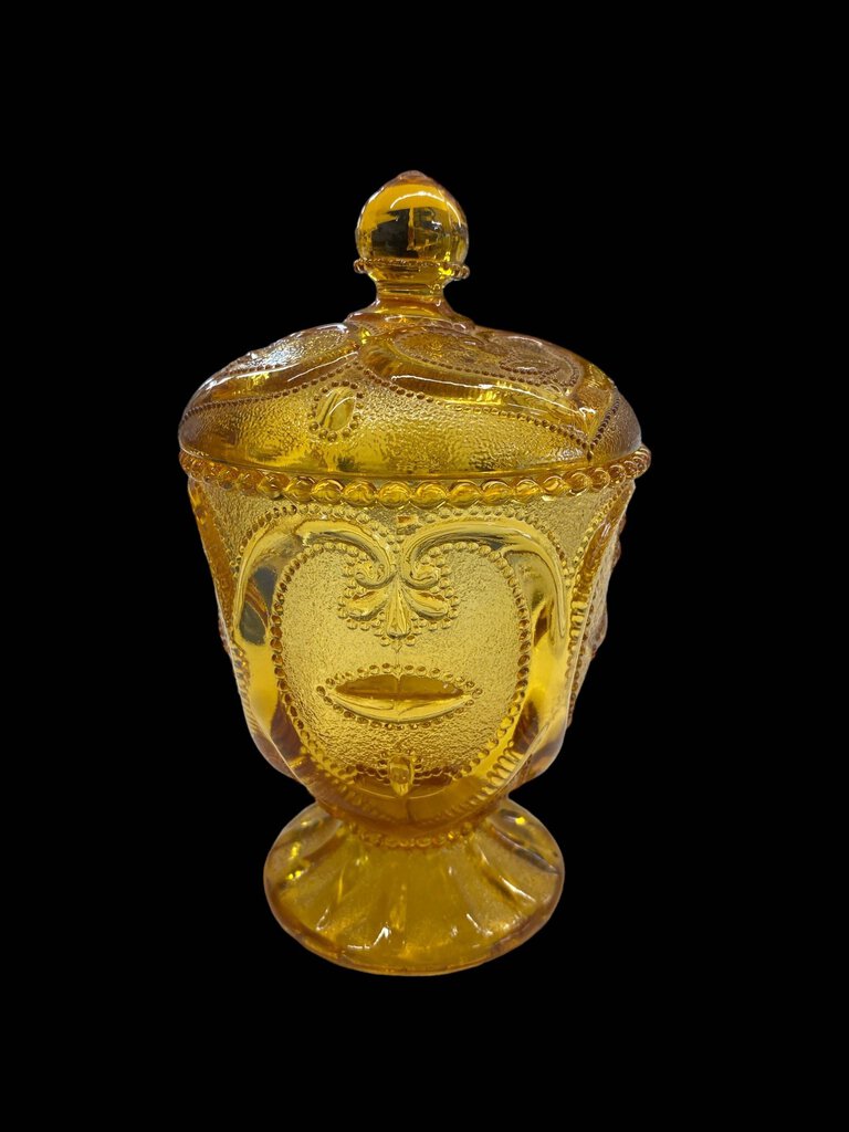 Vintage Amber Heart Scroll Pattern Candy Dish with Lid