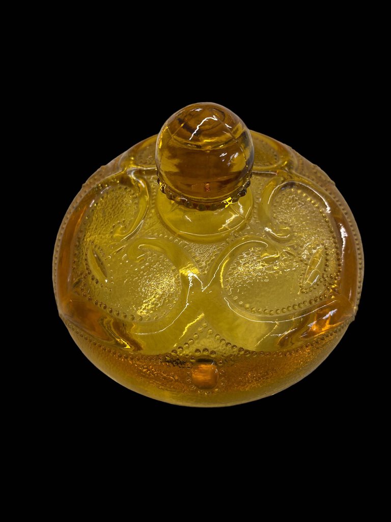 Vintage Amber Heart Scroll Pattern Candy Dish with Lid